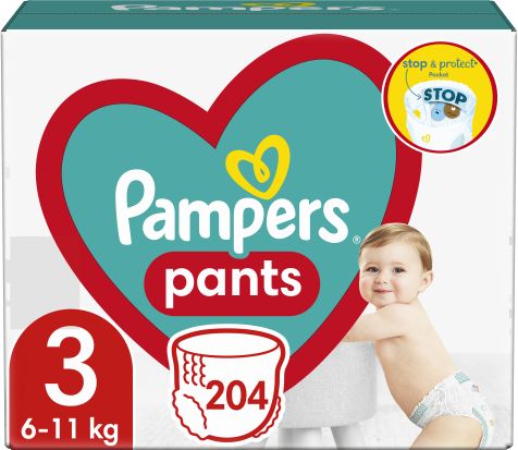 Pants Size 3, 204 Nappies, 6kg-11kg