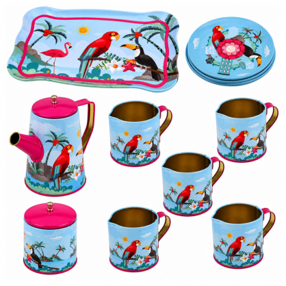 Tea Set with Parrots, Metal, Exotic Pattern, 12 pcs.