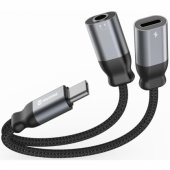 Textile USB-C/ USB-C/ Aux 3.5mm Charging Audio Adapter 0.12m Black