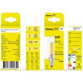 LED Диммируемая филаментная лампа E14, C35, 6W, 840lm, 3000K,360°