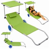 Folding Garden Beach Deckchair on Wheels with Aluminum Canopy Green
