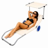 Beach Deckchair on Wheels, Garden, Folding, Aluminum Canopy, Cream