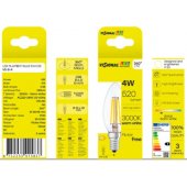 LED Филаментная лампа E14, C35, 4W, 520lm, 3000K, 360°