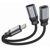 Textile Lightning Audio Charging Adapteris 2x Lightning 0.12m Black